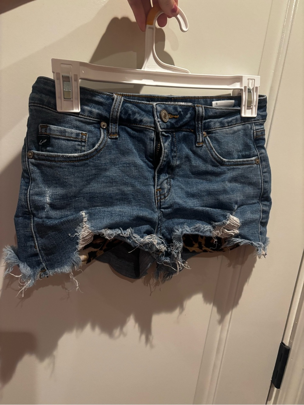 KanCan Distressed Cutoff Jean Shorts - Blue with Leopard Lining